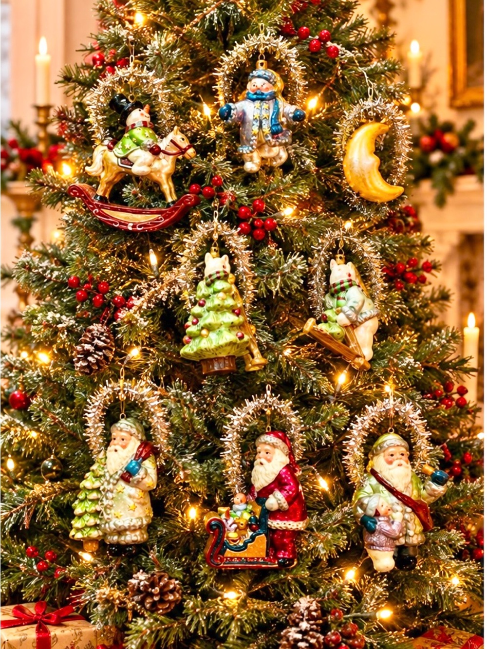Charming Vintage Christmas Tree Ornaments featuring Santa and Frosty. (Set of 8)